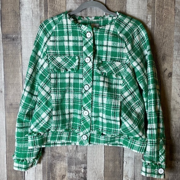 Cabi Women's Sophia Green Plaid Tweed Button Up Library Jacket Style #5653 - Picture 6 of 13